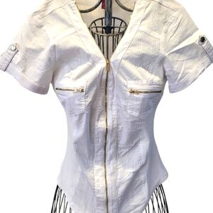 Guess White Gold Accent Zippered Top with zippered breast pocket accents size M